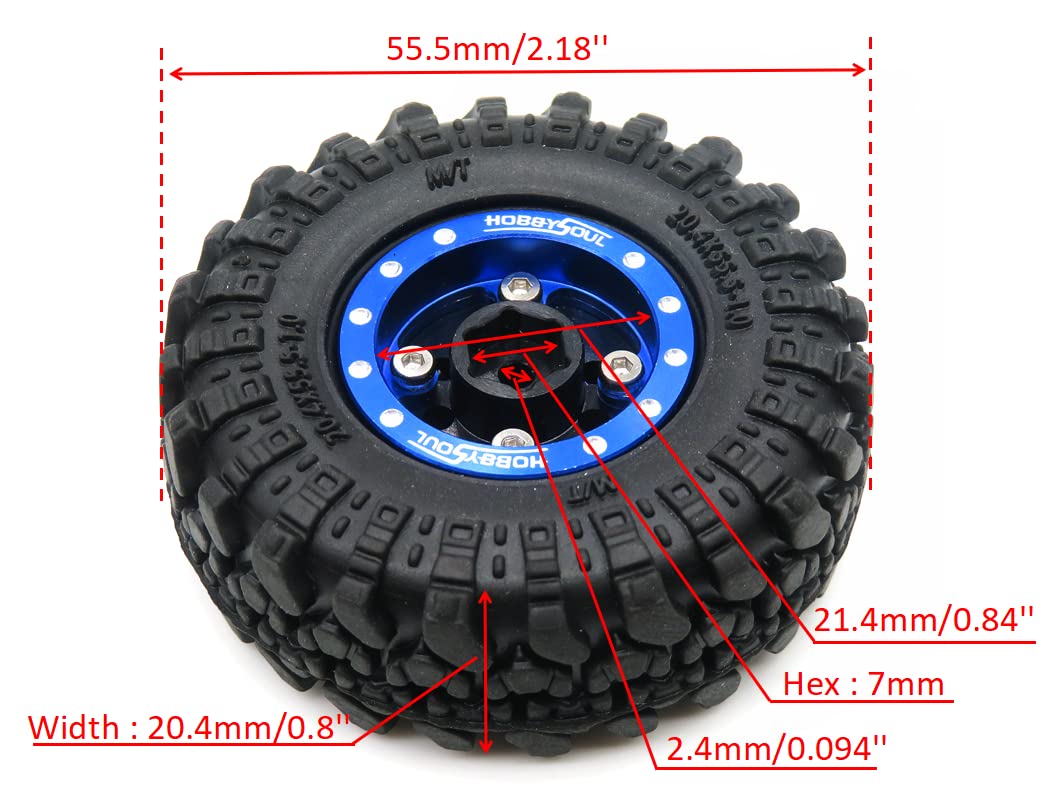Hobbysoul Adjustable Offset Rc 1.0 Wheels And Tires, 1/24 Tires & Heavy 1.0 Beadlock Wheels Blue Black For 1:24 Rc Crawler Axial
