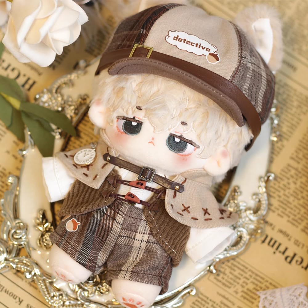 Niannyyhouse 10Cm 15Cm 20Cm Doll Clothes Brown Hat Shirt Strap Pants Shawl Vest Leather Shoes Vintage Detective Suit Soft Plush Toy Dress Up (15Cm)