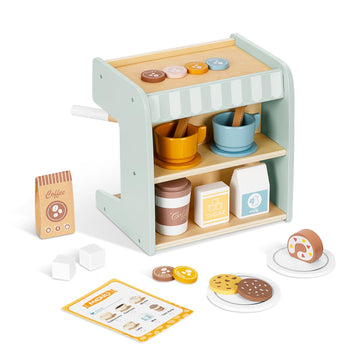 OOOK 2-in-1 Toy Coffee Maker, Kids Wooden Coffee Maker Playset, Toddler Pretend Play Kitchen Food Small Coffee Shop with 28 Pcs