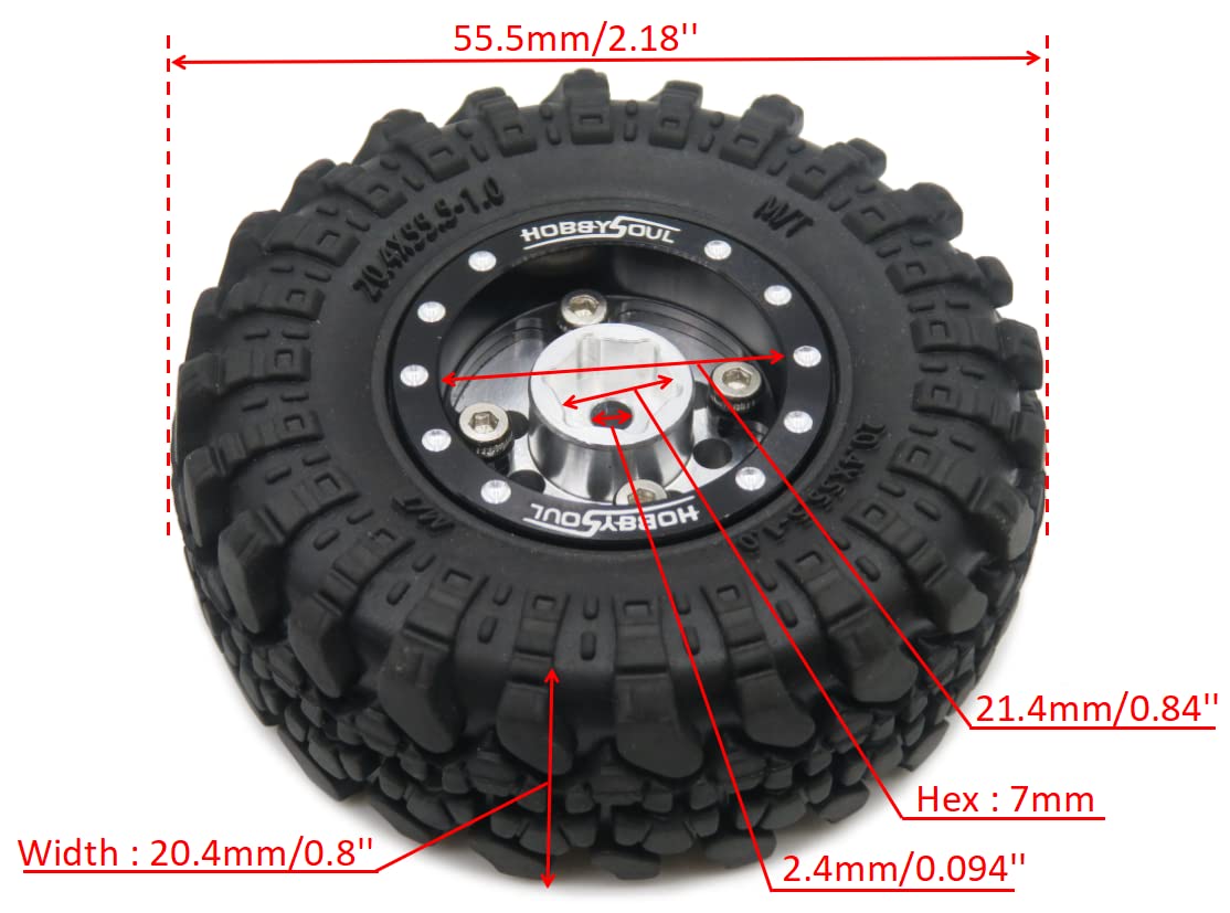 HOBBYSOUL RC 1.0 Beadlock Wheels and Tires, 1/24 Tires & Heavy Adjustable Offset 1.0 Wheels Black Silver for 1/24 RC Crawler Car