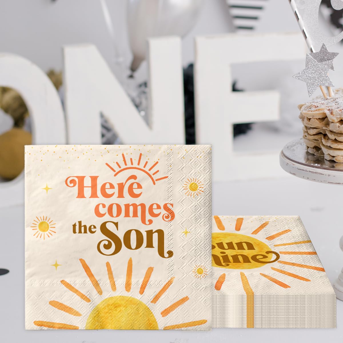 40Pcs Boho Sun Napkins-Here Comes The Son Baby Shower Decorations Retro Sunshine First Trip Around The Sun Disposable Paper Napk