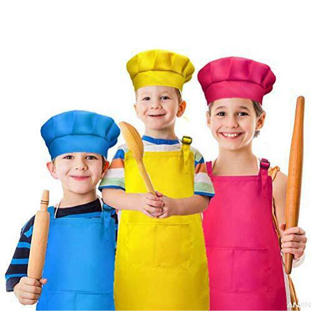 Tamicy 10 Pieces Kids Chef Hat and Apron Set - Child Kitchen Bib Aprons with Pockets Girls Boys Chef Hats for Cooking Baking Gar