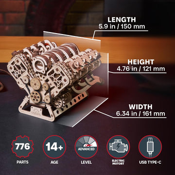 UGEARS V8 Engine Model Kit - Advanced 3D Wooden Puzzles for mature-themeds - DIY Kits Gifts for Engineers - 3D Puzzle Model Engine Kit for mature-themeds for Father's Day Birthdays Christmas - 776 Pcs