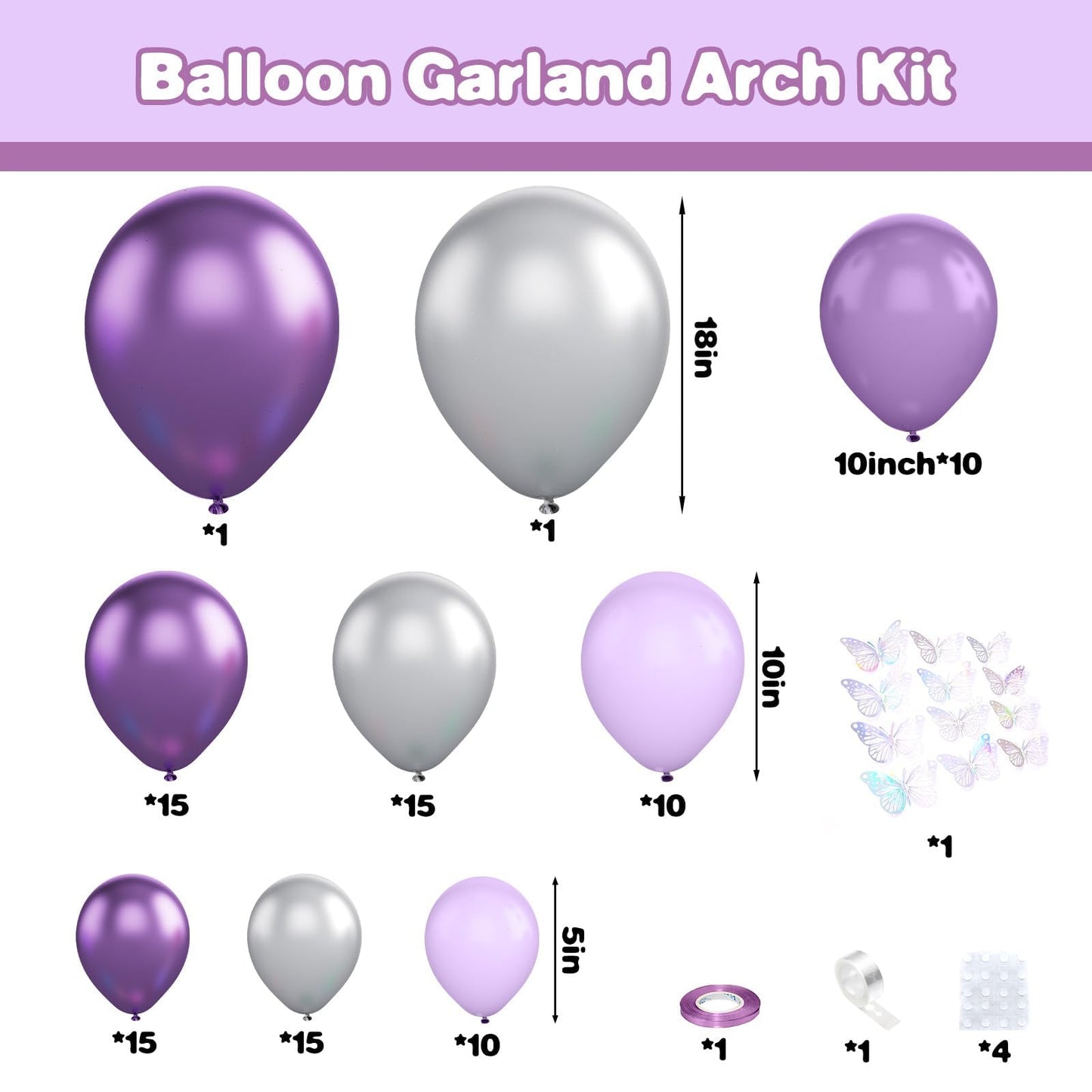 Purple Silver Balloon Arch Kit, Metallic Purple Silver Butterfly Balloons With Butterfly Stickers For Kids Butterfly Party Decorations Birthday Balloons Baby Shower Engagement Party Supplies