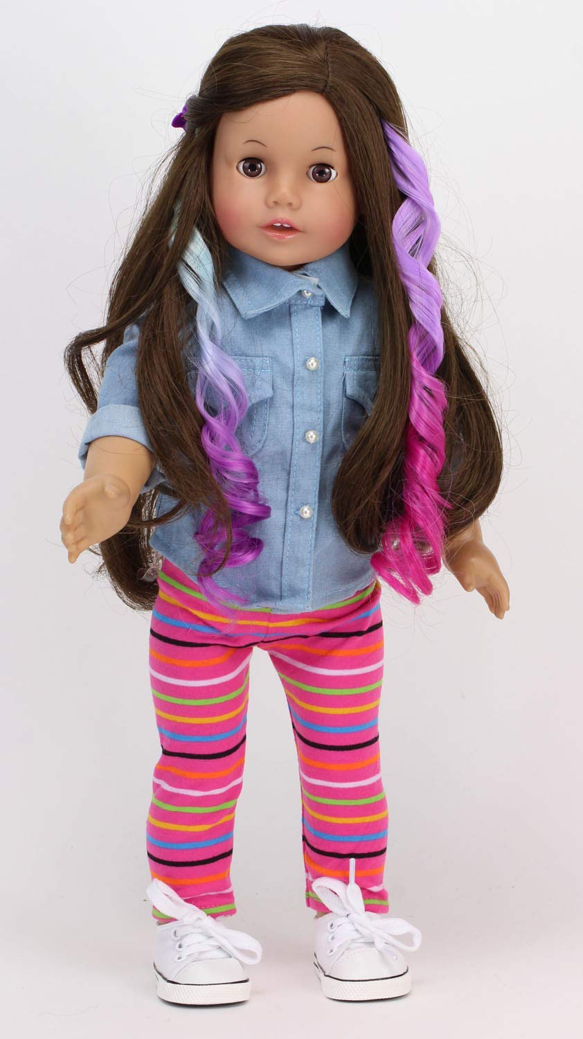 Sophia's 3-Piece Ombre Rainbow Clip-in Hair Extensions for 18” Dolls, Curly, Aqua/Orange/Lavender, Medium, Model DNCHC3-UPC