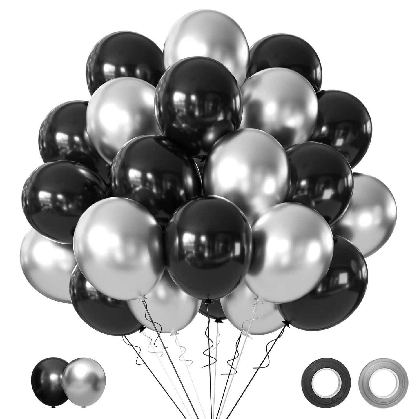 Black And Metallic Silver Balloons, 50Pcs Black And Silver Balloons Party Decorations 12 Inch Black Silver Party Balloons For Bi