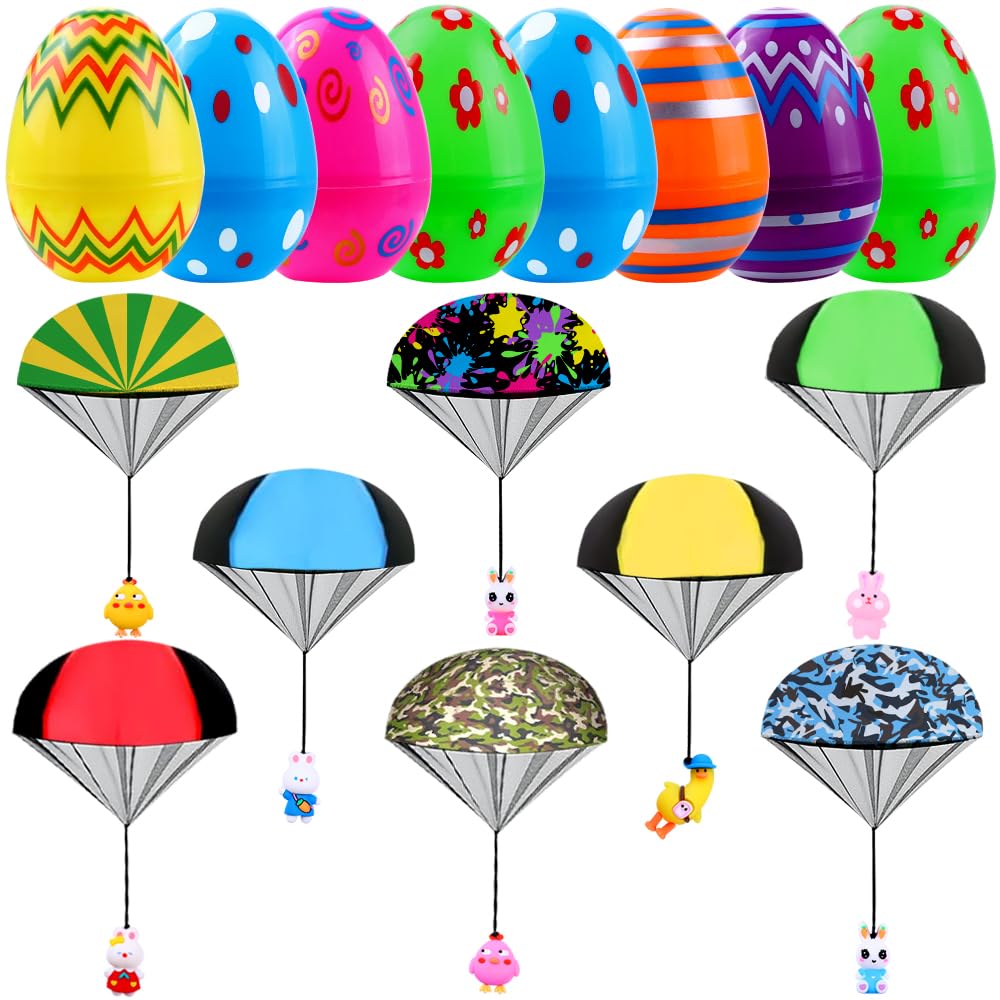 Joicee 8 Pack Easter Egg Prefilled With Parachute Toys, Easter Basket Stuffers Gifts Hand Throw Flying Toys Filled With Animal F
