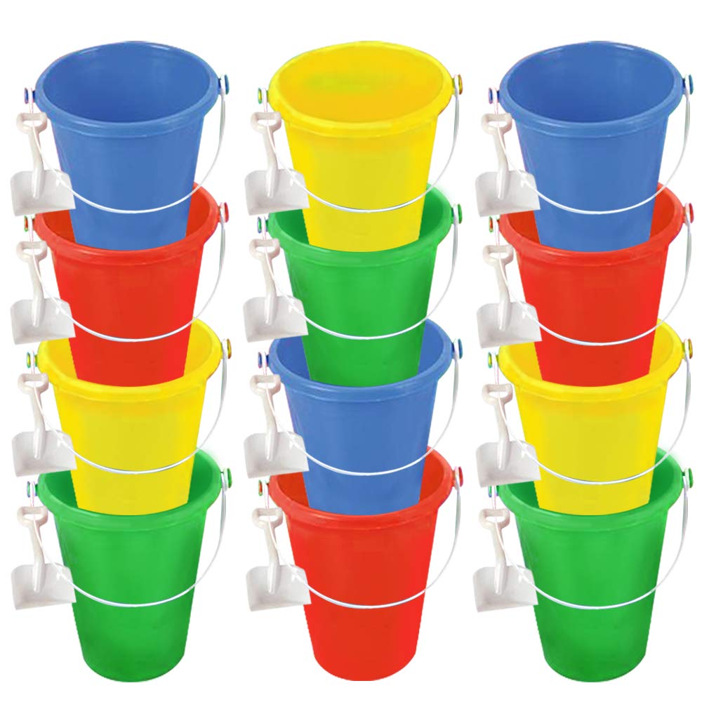 ArtCreativity 6 Inch Mini Plastic Beach Bucket and Shovel Set - Pack of 12 - Assorted Colors Buckets and White Shovels - Summer