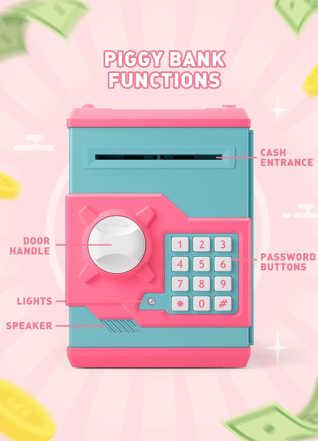 Playsheek Piggy Bank For Girls Boys Large Electronic Money Coin Banks With Password Protection, Automatic Paper Money Scroll Sav