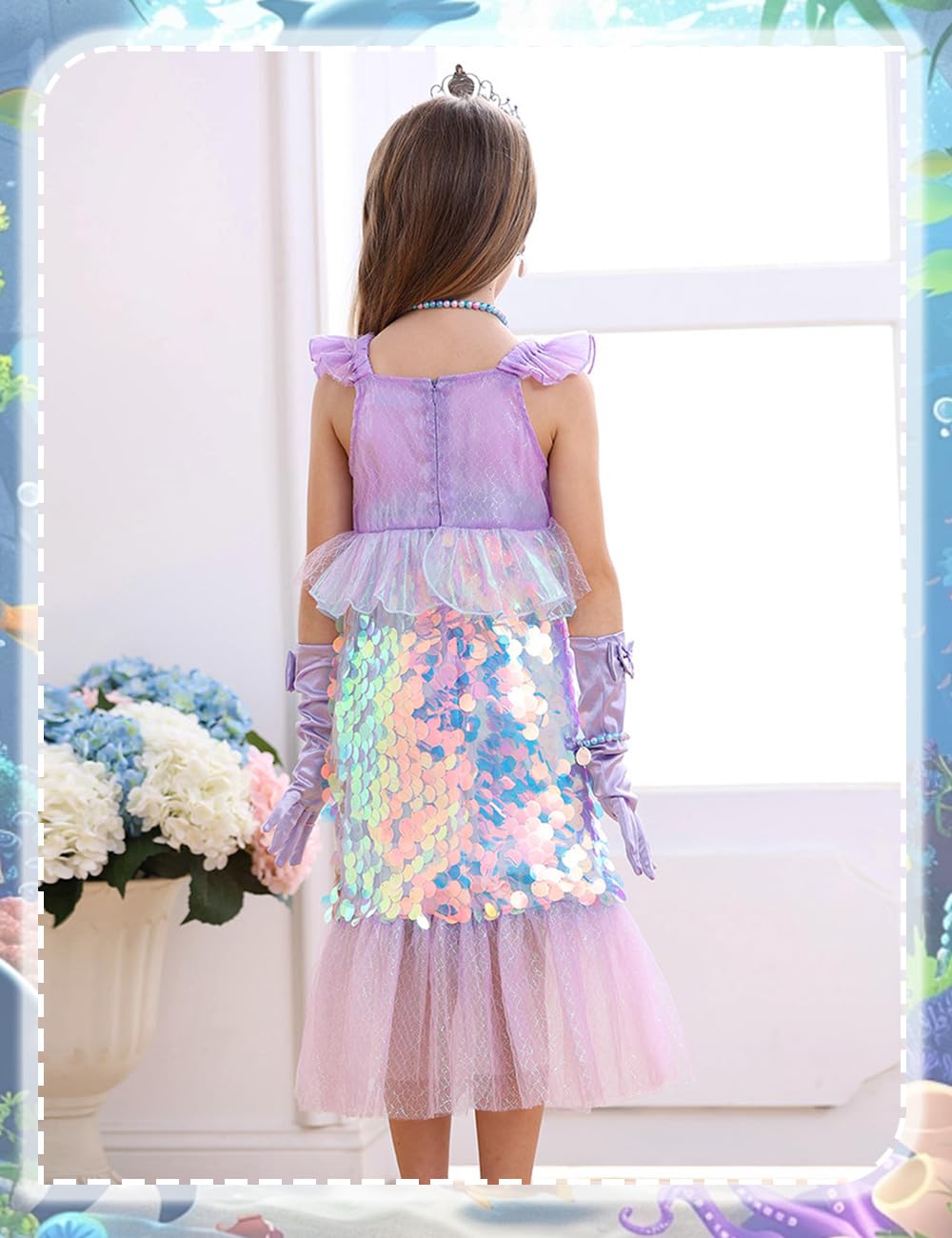 Luzlen Little Girls Mermaid Princess Costume Sequins Party Dress For Toddler Kids Baby Halloween Dress Up With Accessories, Purple, 7-8 Years(Tag 150)