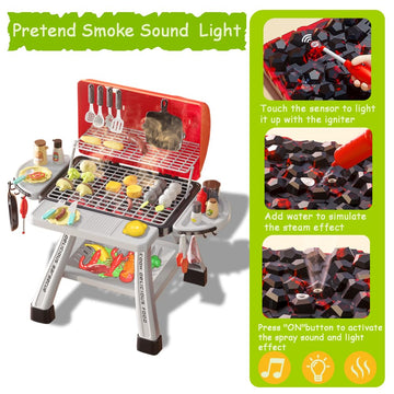 Barbecue Grill Toy Set, Kids BBQ Kitchen Playset with Smoke Sound Light Simulation Camping Cooking Interactive Pretend Play Food