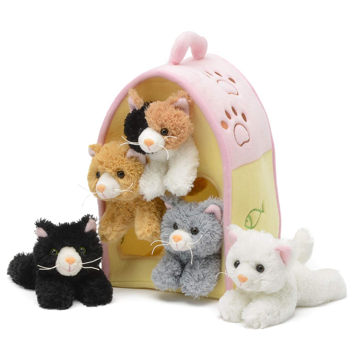 Unipak Plush Cat House Carrying Case with 5 Stuffed Animal Cats, Pink, Model 7166CA