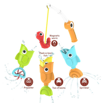 Yookidoo Toddler Baby Bath Magnetic Fishing Game Toy With Water Effects (Ages 2+) Includes 3 Moving Fish, Worm & Fishing Pole (4Pc) Floating Fish Playset For Bath Time Or Pool (Mold Free)