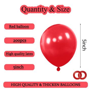Kawkalsh 200Pcs 5 Inch Red Balloons, Small Mini Latex Balloons For Party Birthday Baby Shower Anniversary Festival Arch Garland