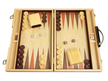 15-Inch Wood Backgammon Set - Black/Zebra Wood Board - Oak Inlaid Wood Field