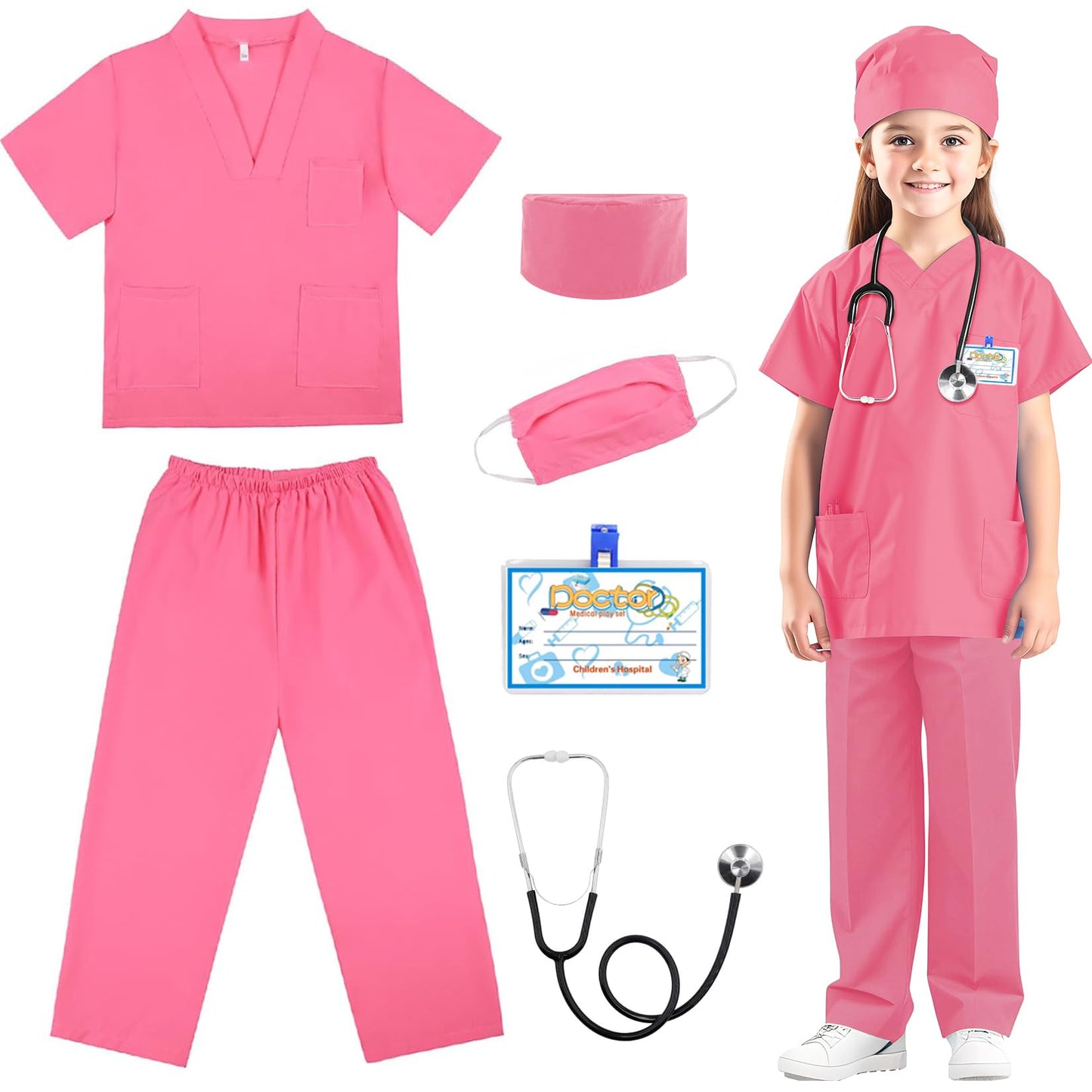 Riorand Doctor Costume For Kids,Toddler Nurse Scrubs With Accessories Christmas Dress Up Cosplay For Boys Girls 3-11Years