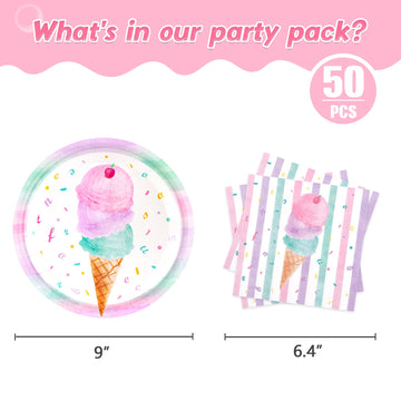 Wernnsai Ice Cream Party Plates And Napkins - Serves 50 Guests 100 Pcs Pink Sweet Ice Cream Themed Party Supplies For Girls Birthday Baby Shower Pool Summer Celebration Dinner Picnic Party Tableware