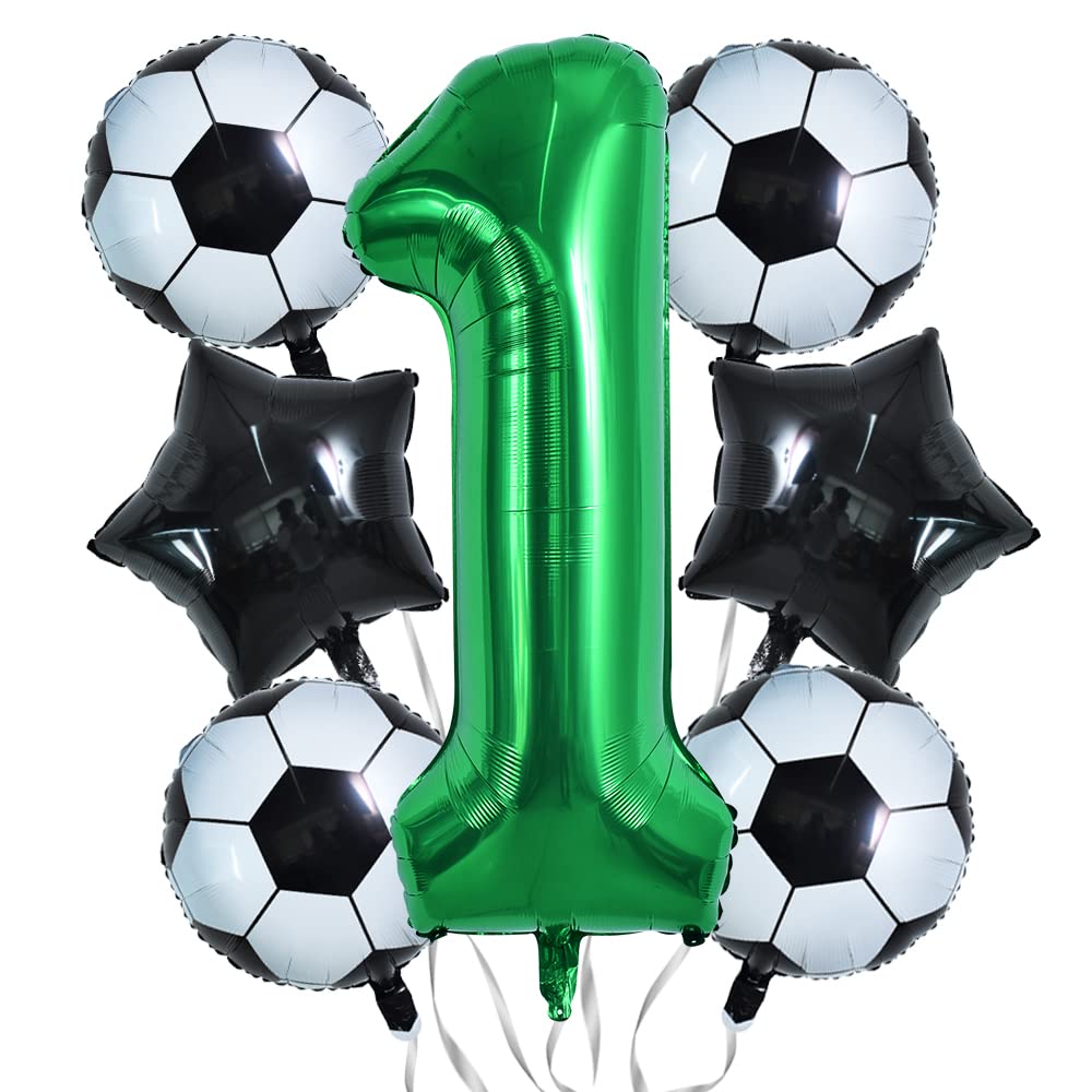 Toniful 32 Inch Soccer Balloons Set 1St Birthday Decoration Green Number 1 Foil Soccer Balloon Black Star Balloons For Children'