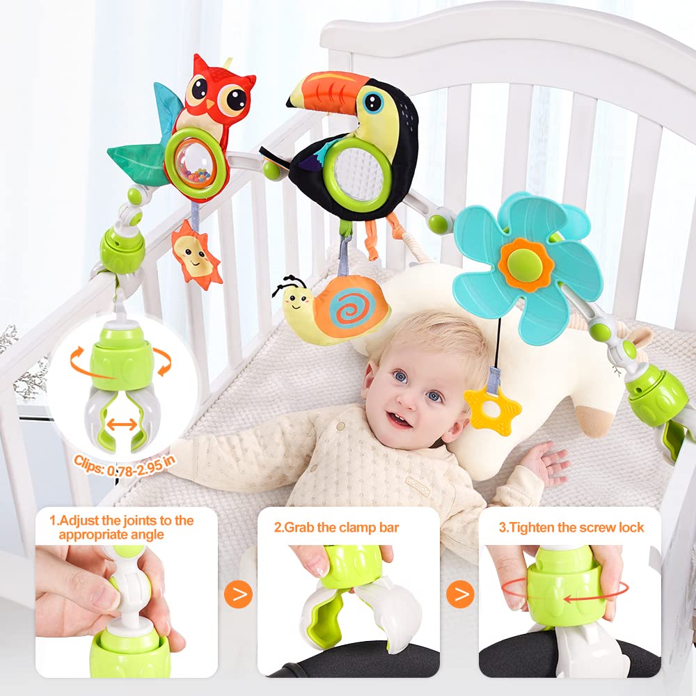 Koty Baby Stroller Arch Toy With Teether, Rattle, Crinkle Sound, Mirror & Music Box, Newborns Sensory Activity Carrier Take-Along Toy, Adjustable For Bouncers, Car Seat & Pram 0M+(Deer)