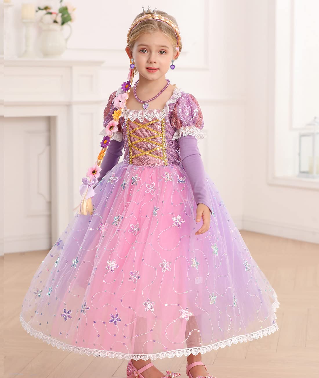 Itvti Princess Rapunzel Costume Little Girls Dress Up For Birthday Party Halloween Carnival, 6-7 Years(Tag 140)