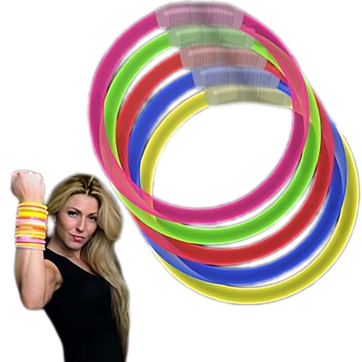 Tube Of 100 Assorted Color Glow Bracelets | Red | Green | Blue | Yellow | Pink| Non-Toxic | Glowing Department