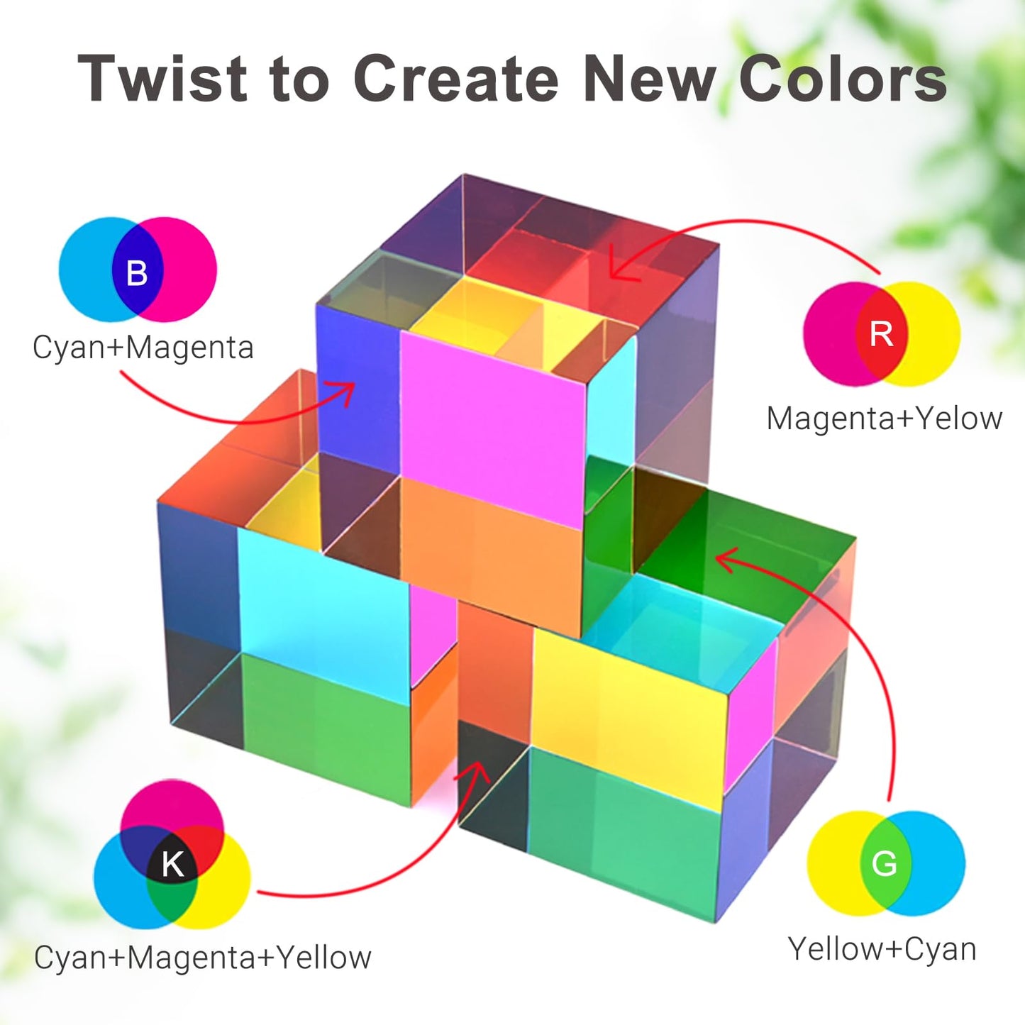 Ikeelo Color Cube (50Mm) With Stand - Mesmerizing Color Mixing Acrylic Glass Prism For Color Recognition, A Fun Conversation Starter