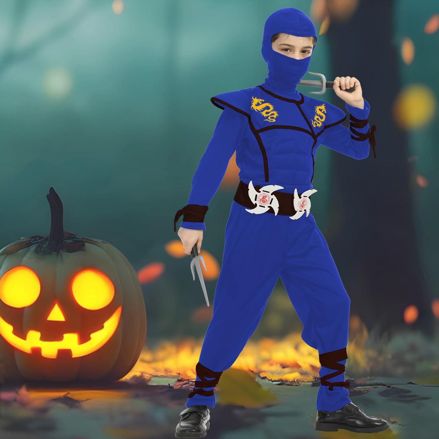 Satkull Ninja Costumes Halloween Ninja Costume For Kids Dragon Ninja Costumes Set Halloween Role Play Costume For Boys(Kids-M-6/7T Blue)