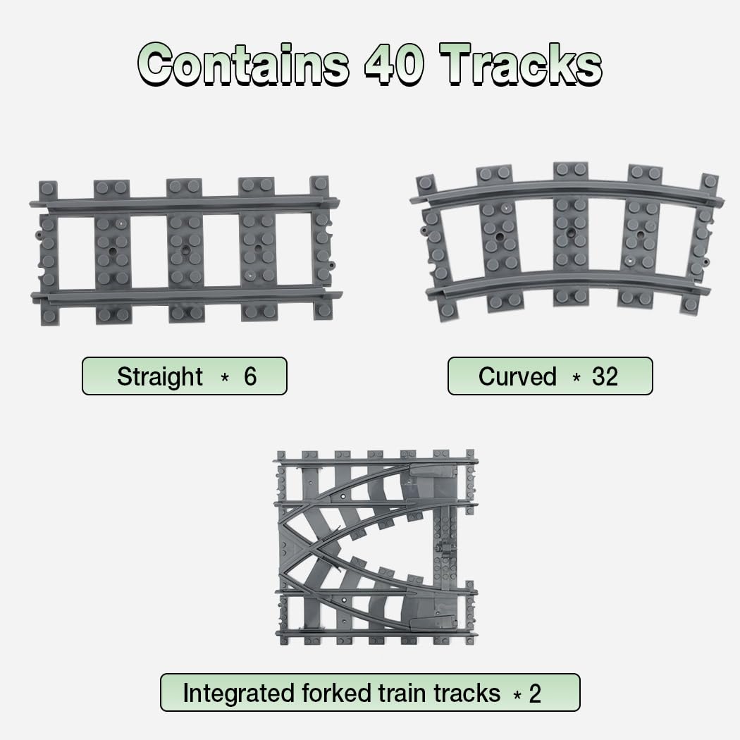 Etarnfly Classic City Train Tracks, 32Pcs Curved And 6Pcs Straight With 1 Integrated Split Train Tracks - Railroad Building Toy