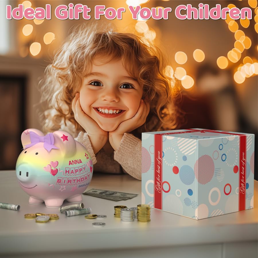 Personalized Birthday Gift For Women Girls With Diy Name Stickers, 8'' Large Ceramic Piggy Bank For Kids Girls Boys,Cute Toddle
