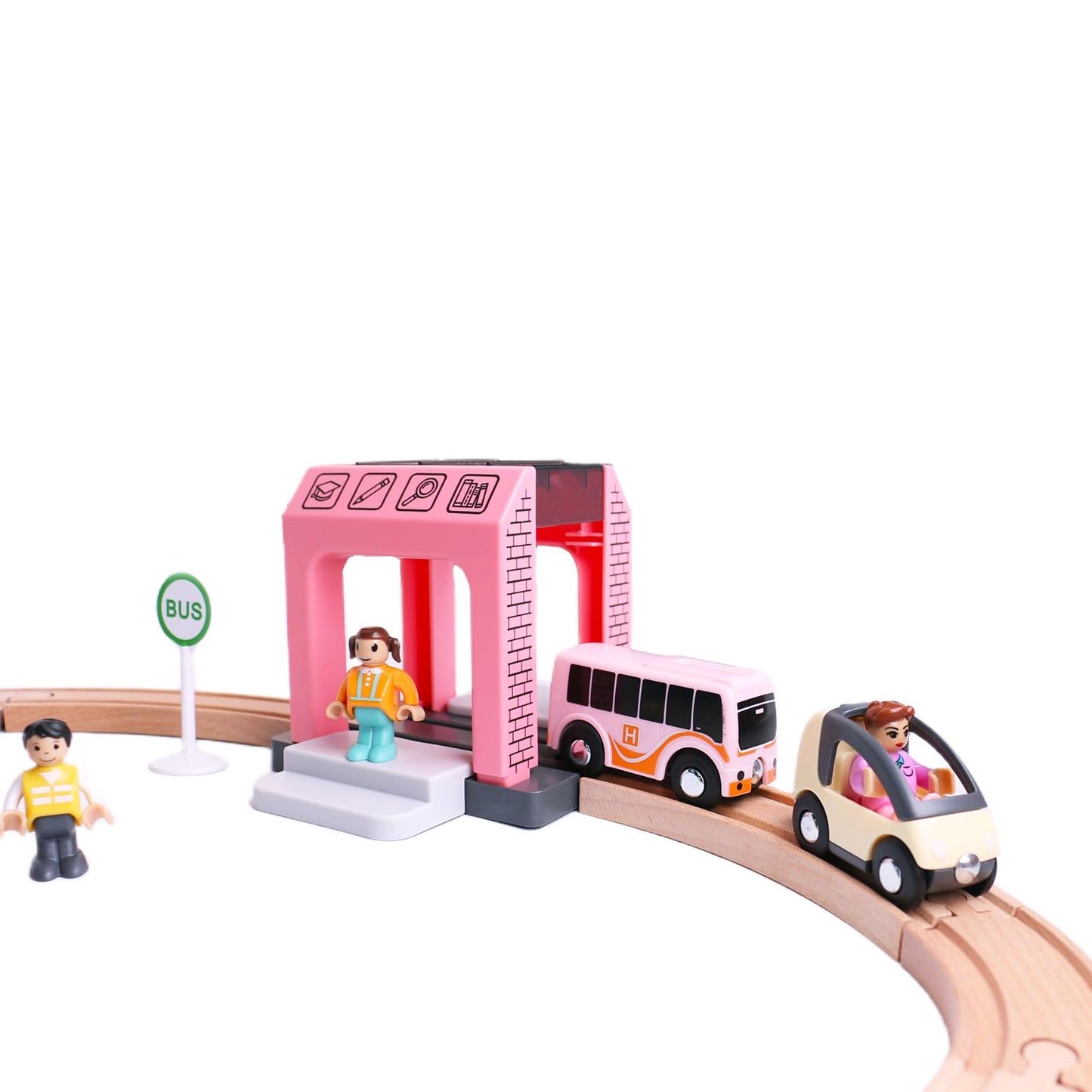 Hanqiann School Bus Station Toy For Wooden Train Track, Diy Extend Station Playset For Railroad Train Track,Preschool Learning E