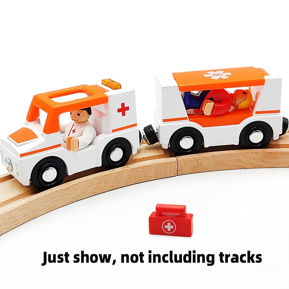 Magnetic Trains Cars Playset Wooden Train Track Accessories Station Wagon Train Set For Toddlers 3-5 Wooden Train Sets For Boys Girls Ages 3-4-7 (Ambulance B (With Light And Sound))