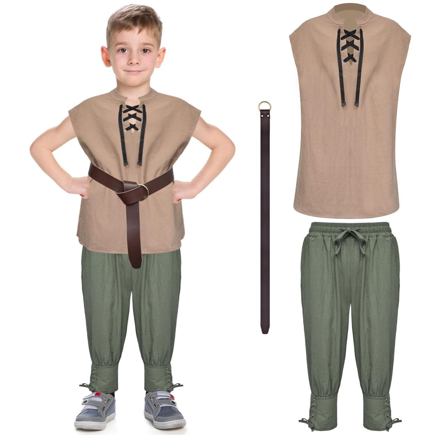 XonyiCos Boys Renaissance Pirate Set Medieval Sleeveless Lace Up Shirts & Belt and Ankle Pants Viking Scottish Halloween Kids Co