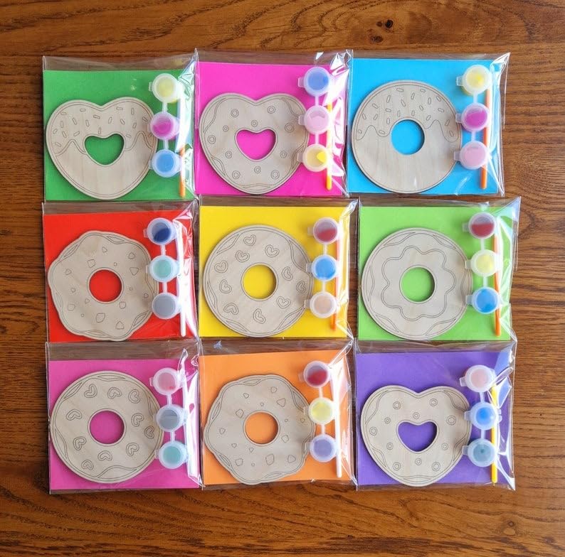 Curious Button Pack Of 9 Paint Your Own Wooden Donuts, Kids Crafts Activity Kit, Wooden Mdf Unfinished Cutouts With Paint & Brus