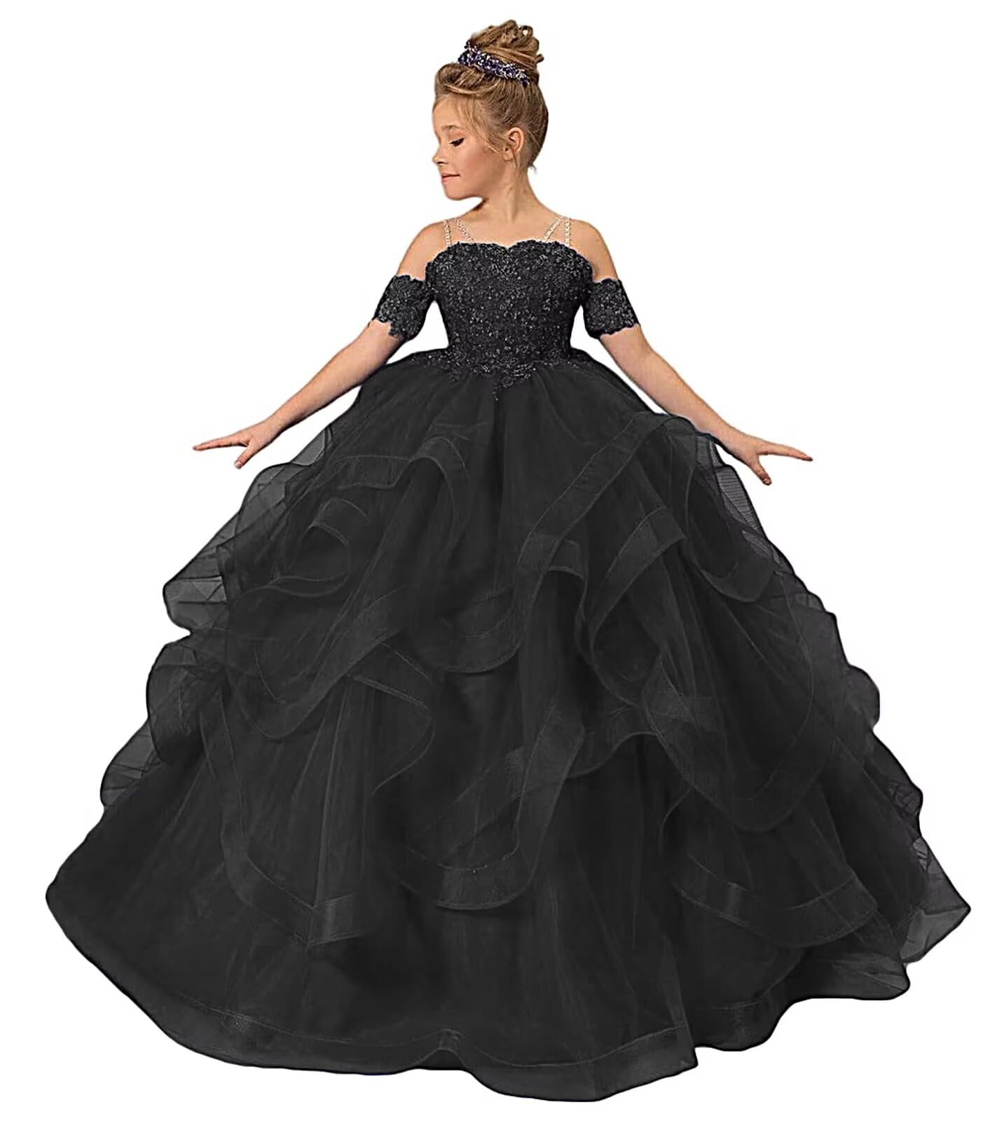 ZPVP Black Girls Pageant Dress Long Ruffles Princess Flower Girl Dress Beaded Appliques Tulle Wedding Party Costumes US4