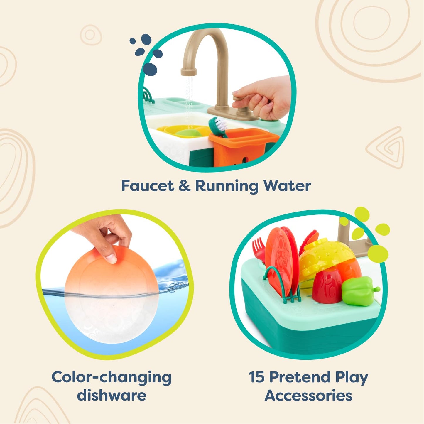 B. toys- Splash-n-Scrub Sink- Pretend Play Color Changing Playset - Toy Kitchen Sink - Faucet & Running Water, Dishes, Play Food