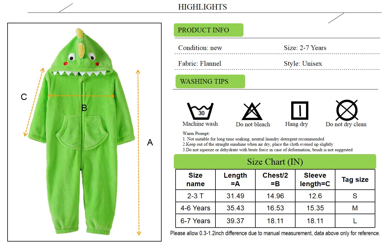Lolanta Toddler Boys Girls Dinosaur Costume One-Piece Rompers Toddler Animal Jumpsuit Kids Gifts (Dark Green, 2-3T)