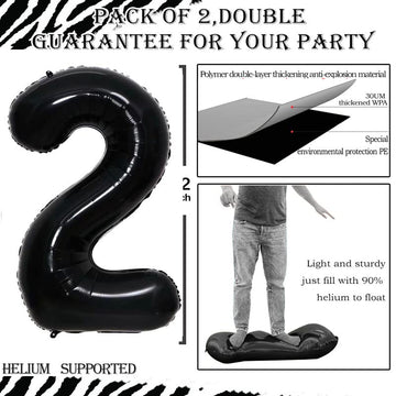 Goer Black Foil Balloons Number 2,Huge Number Balloons For 2Nd Birthday Party Supplies Anniversary Decorations (3 Pcs,42 Inch,32 Inch,16Inch)