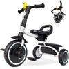 RIDYEE Toddler Tricycle - Foldable, Adjustable Ergonomic Seat, Large Basket, White, Suitable for 18 Months to 5 Years