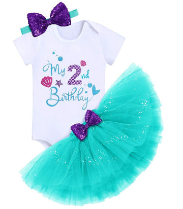 Mermaid Second Birthday Outfit Baby Girl My 2Nd Birthday Cake Smash Photo Shoot Romper Little Mini Tutu Skirt Shiny Headband Summer Nautical Ocean Themed Birthday Party Supplies Aqua 2 Years Old