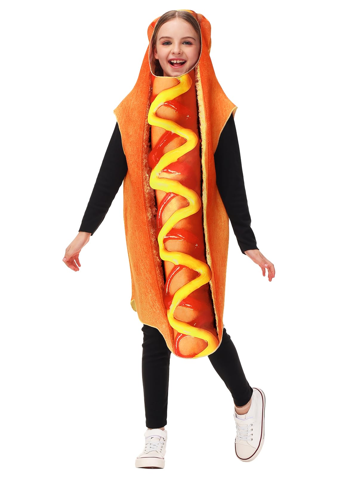 Aobute Unisex Kids Hotdog Costume Halloween Boys Girls Hot Dog Outfits Cute Fast Food Mascot Suit 8-10 Years