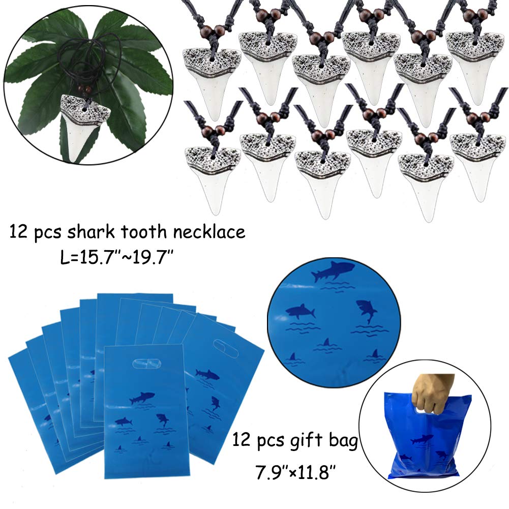 Shark Party Favor Supplies Pack -Shark Tooth Necklace Tattoo Sticker Shark Gift Bag Shark Bracelet Pin Back Button for Kids Unde
