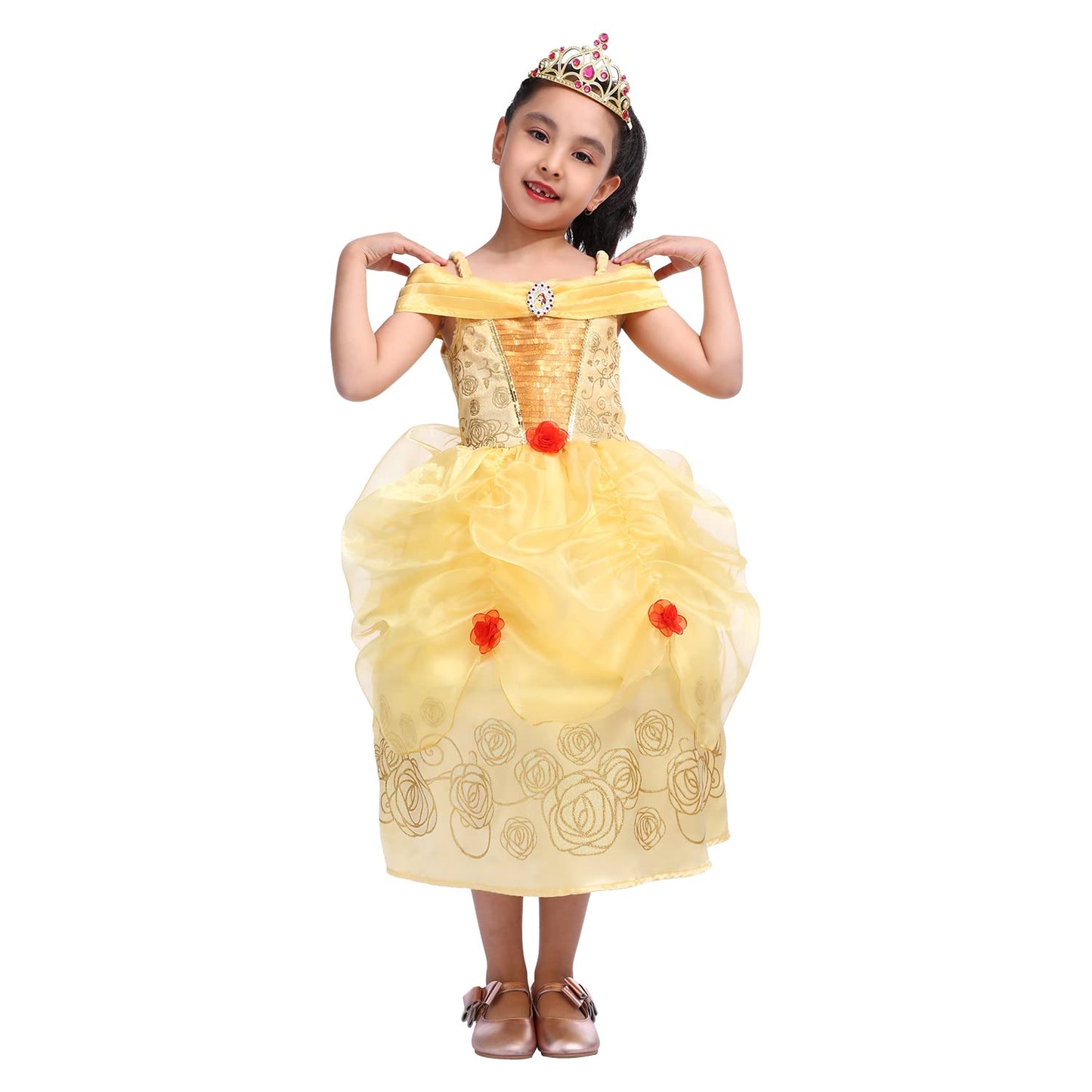 Spunicos Girls Golden Belle Princess Fancy Dress With Tiara,Unique Belle Costume Dress 5-6Years