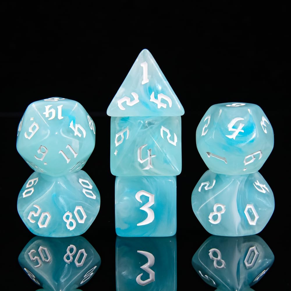 7PCS Polyhedral DND Dice, D&D Dice Set Filled with White and Blue Swirls for Role Playing Dice Games as DND RPG MTG Table Games