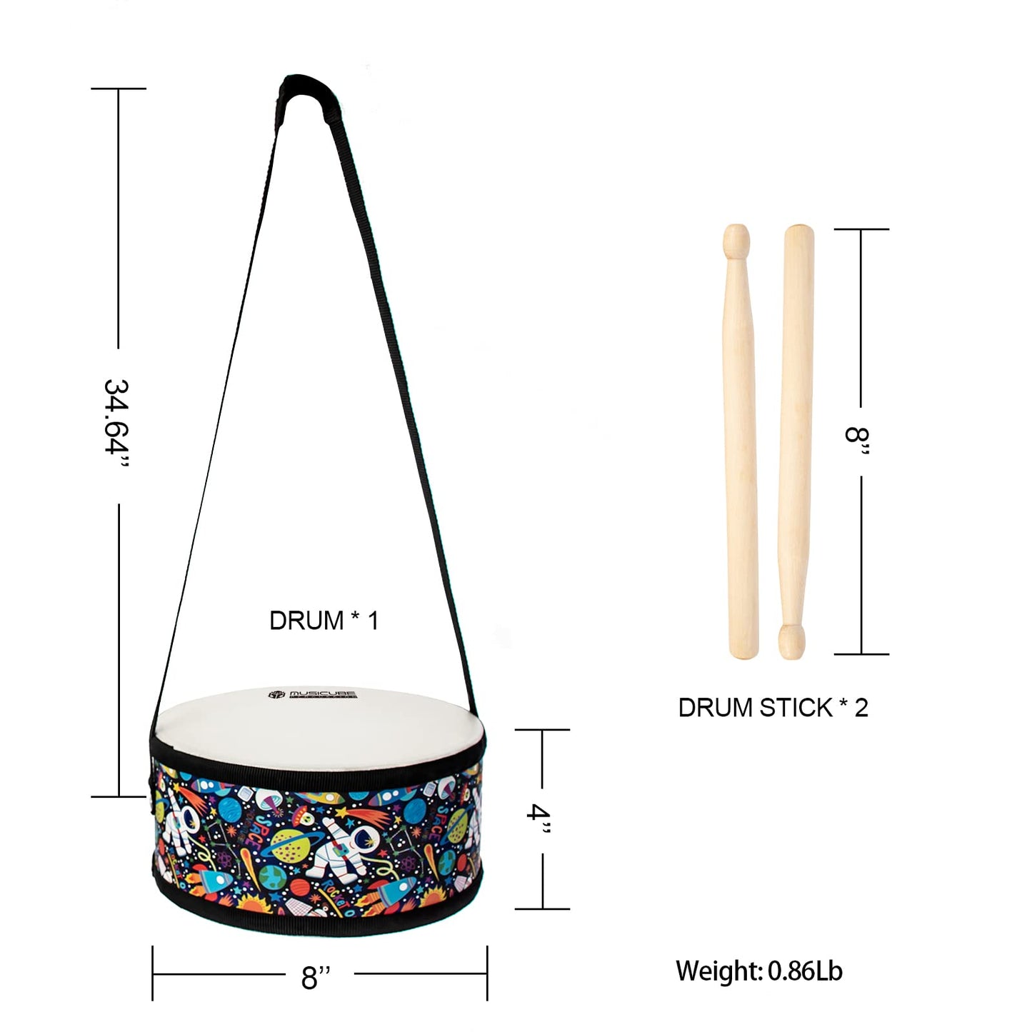 MUSICUBE Kids Drum Set - 8-Inch Wooden Drum Toys with Adjustable Strap & 2 Drumsticks, Educational Musical Instrument for Toddlers, Black
