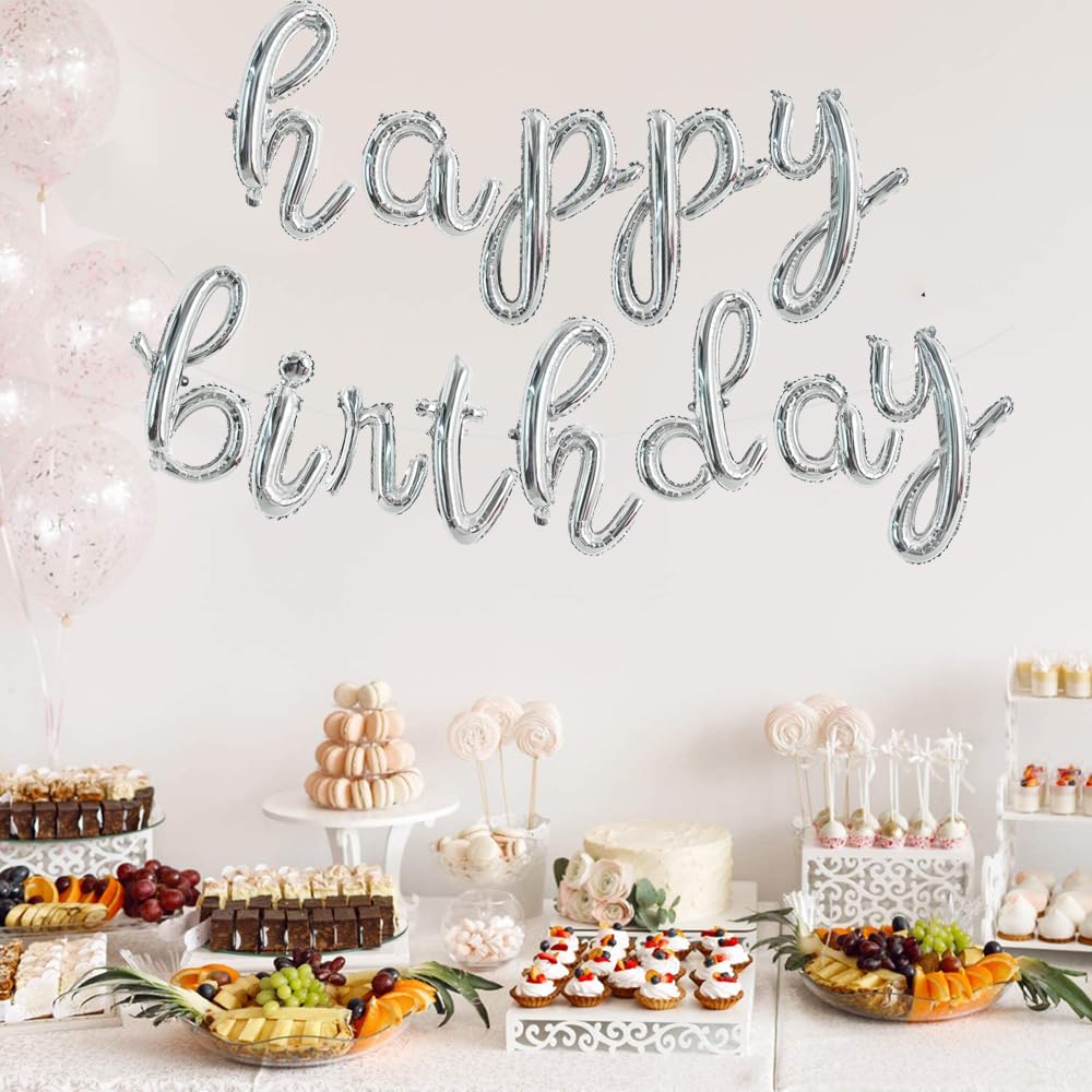 Toniful Silver Happy Birthday Balloons Banner,Cursive Happy Birthday Balloons Silver Birthday Decorations Silver Mylar Foil Birt