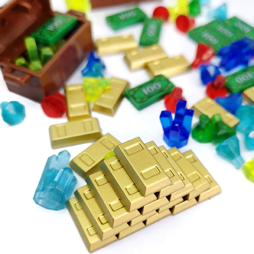Zhx Treasure Accessories Jewel Chest, Gems Diamonds, Bullion Gold Bar, Crystals, $100 Dollar Bill Cash Toy Pirate Building Blocks Set For Kids 5 6 7 8 Years Old