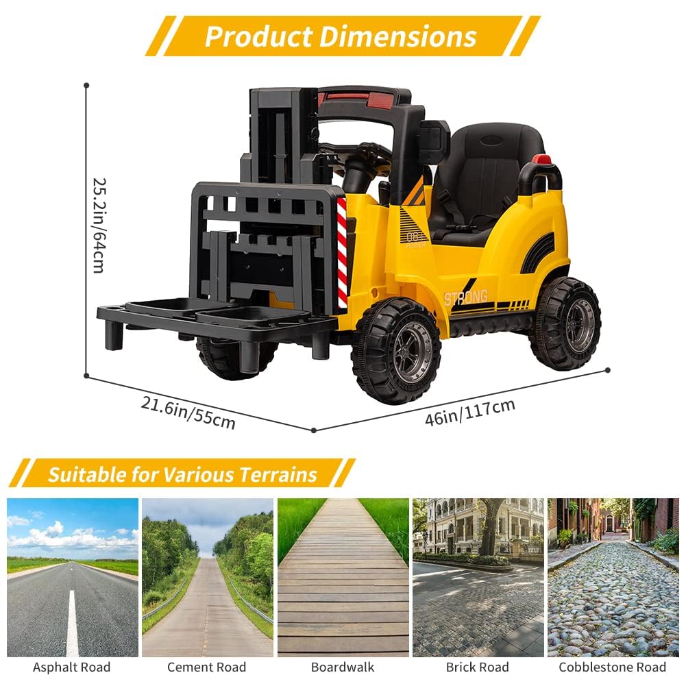 12V Kids Ride On Forklift Car, Toddles Electric Construction Car With Remote Control, Lifting Fork And Pallet, Low-Power Alarm,