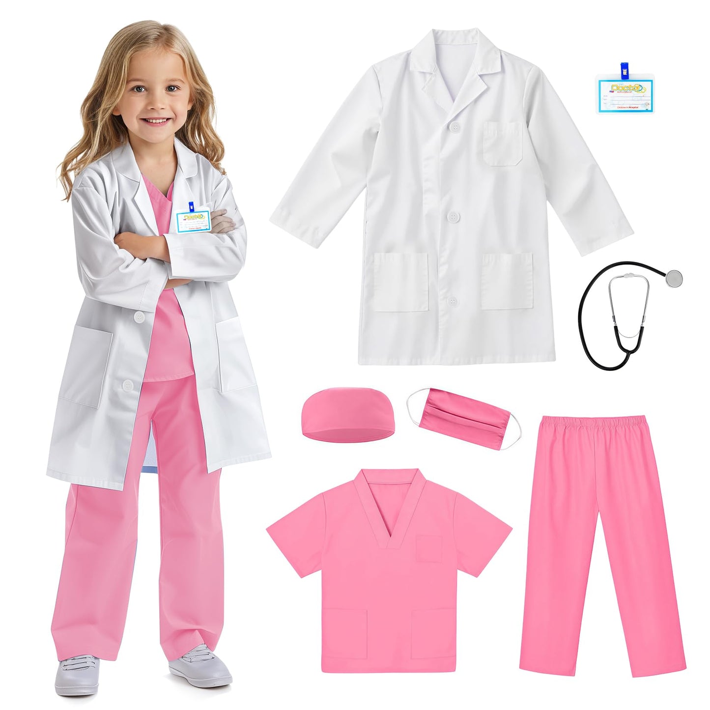 Riorand Doctor Costume For Kids With Stethoscope Lab Coat Career Day Costume Halloween Dress Up For Boys Girls 3-11 (Pink, M-120