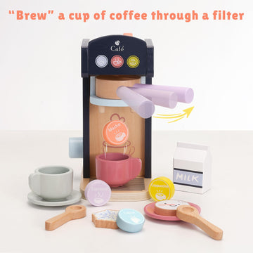 Pairpear Kids Coffee Maker Wooden Kitchen Playset, Wooden Toys Play Coffee Maker Set With Play Food For Kids, Toddler Play Kitch