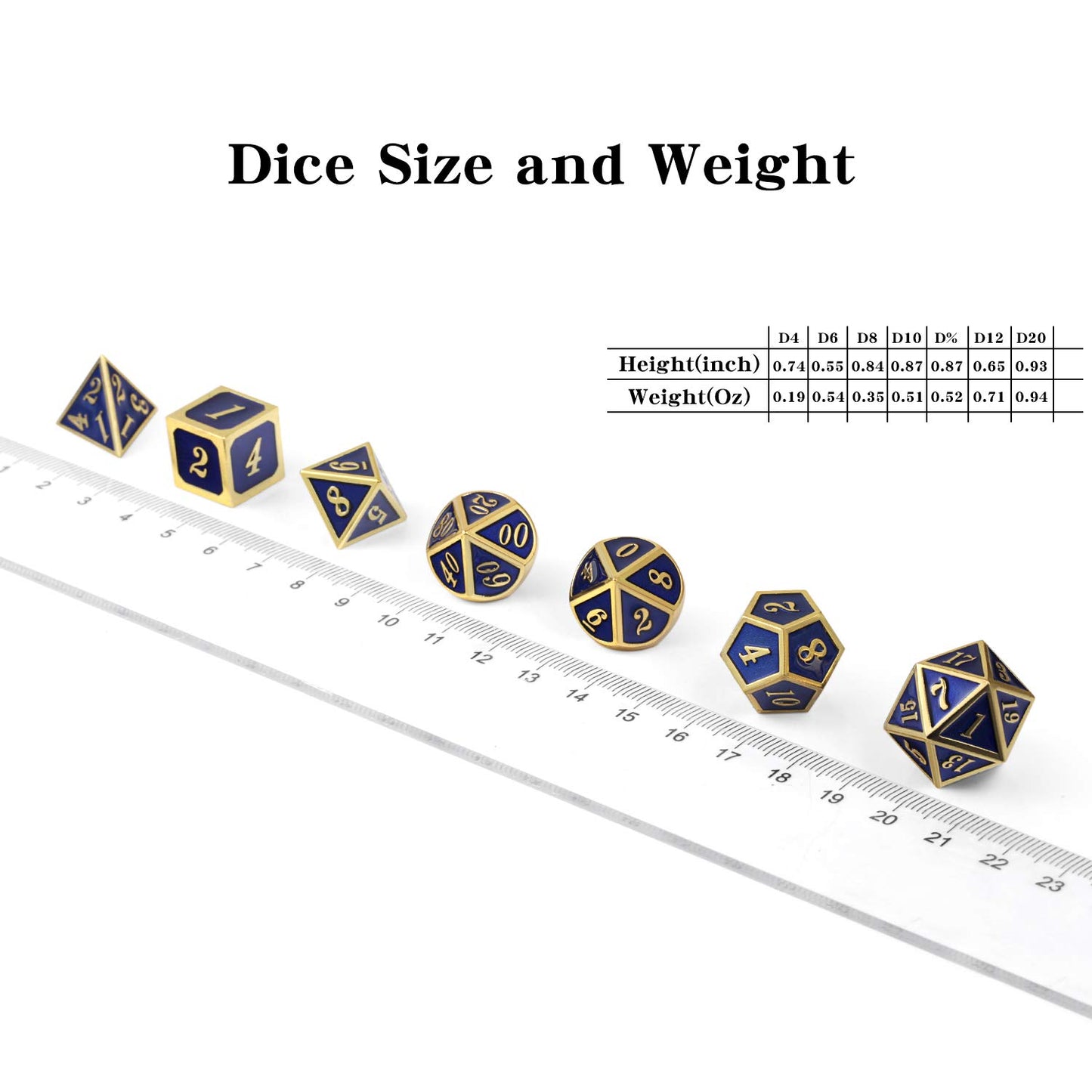 Dndnd Heavy Polyhedral Metal Dice Set With Metal Box, 7-Die Shiny Blue Surface With Golden Number For Rpg,Dungeons And Dragons,P